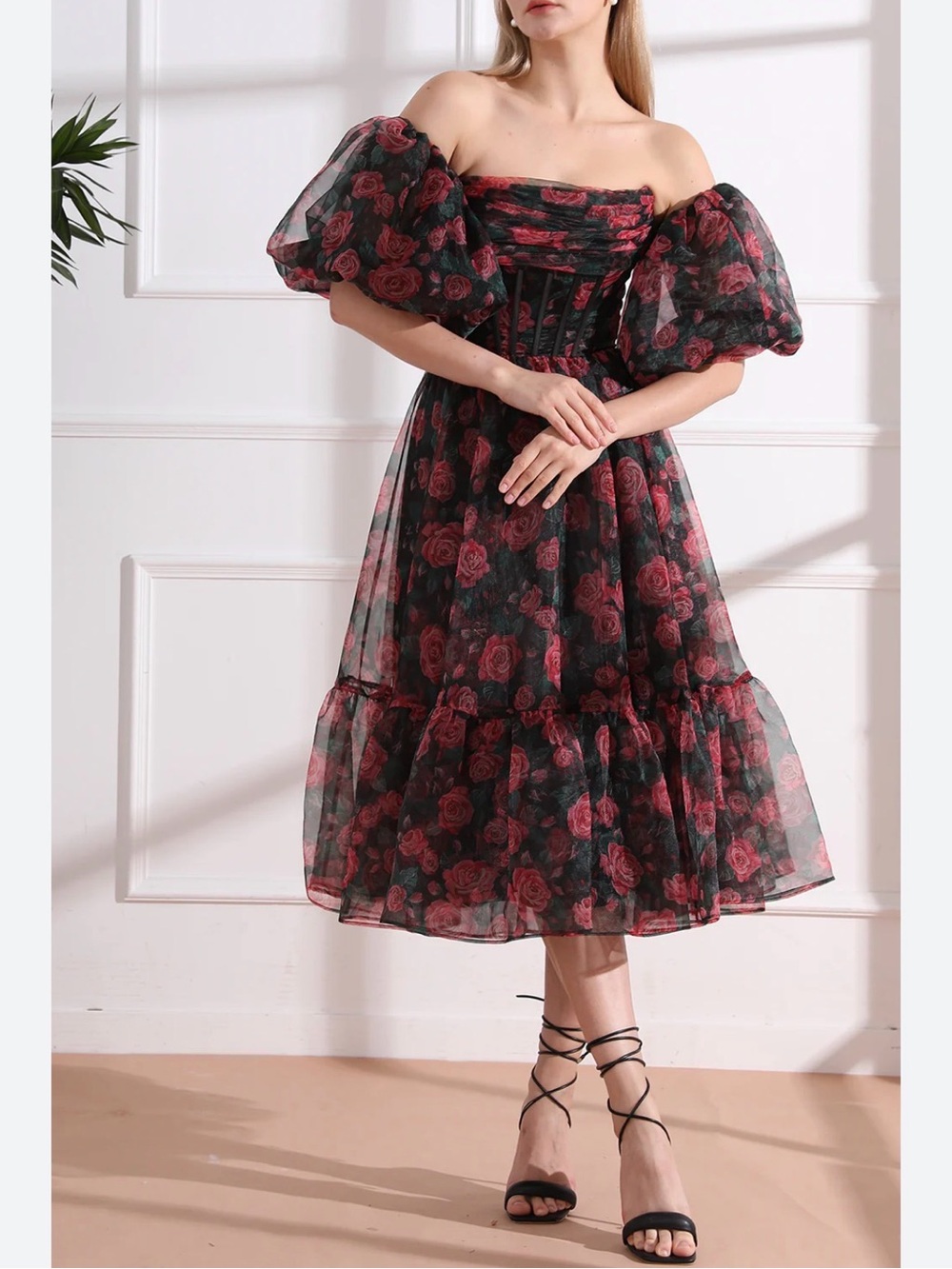 entro Black Off-Shoulder Midi Dress with Red Rose Print